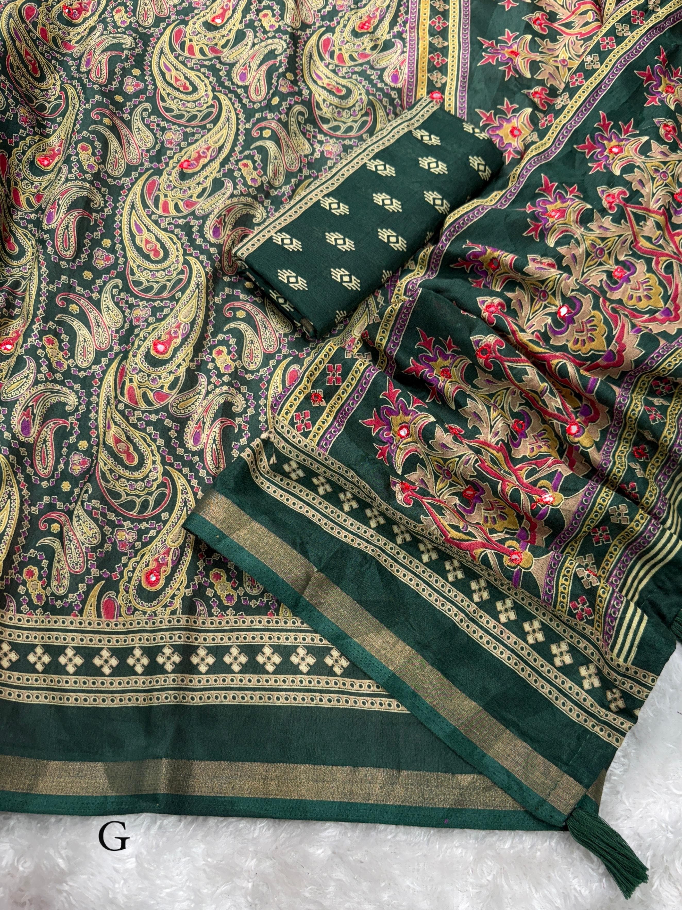 Designer Kalamkari Ajrakh Mul Cotton Saree with Mirror Work