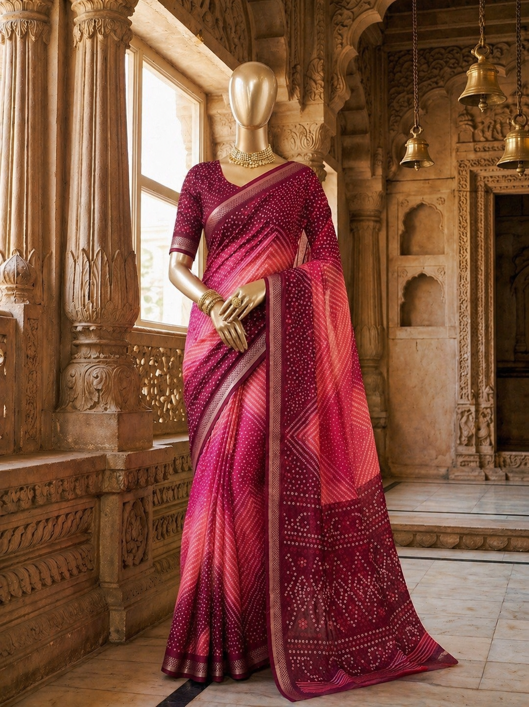 Beautiful Soft Self Silk Saree with Zari Border & Bandhani Print