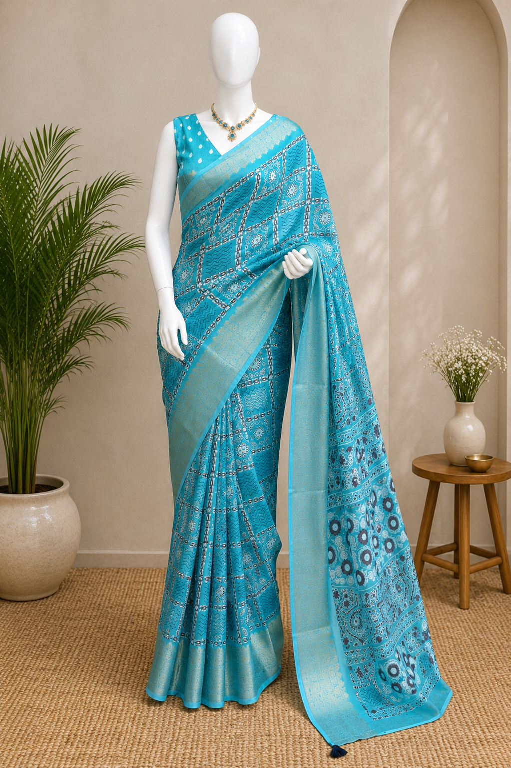 Designer Kitkat Ajrakh Printed Cotton Saree with Zari Border