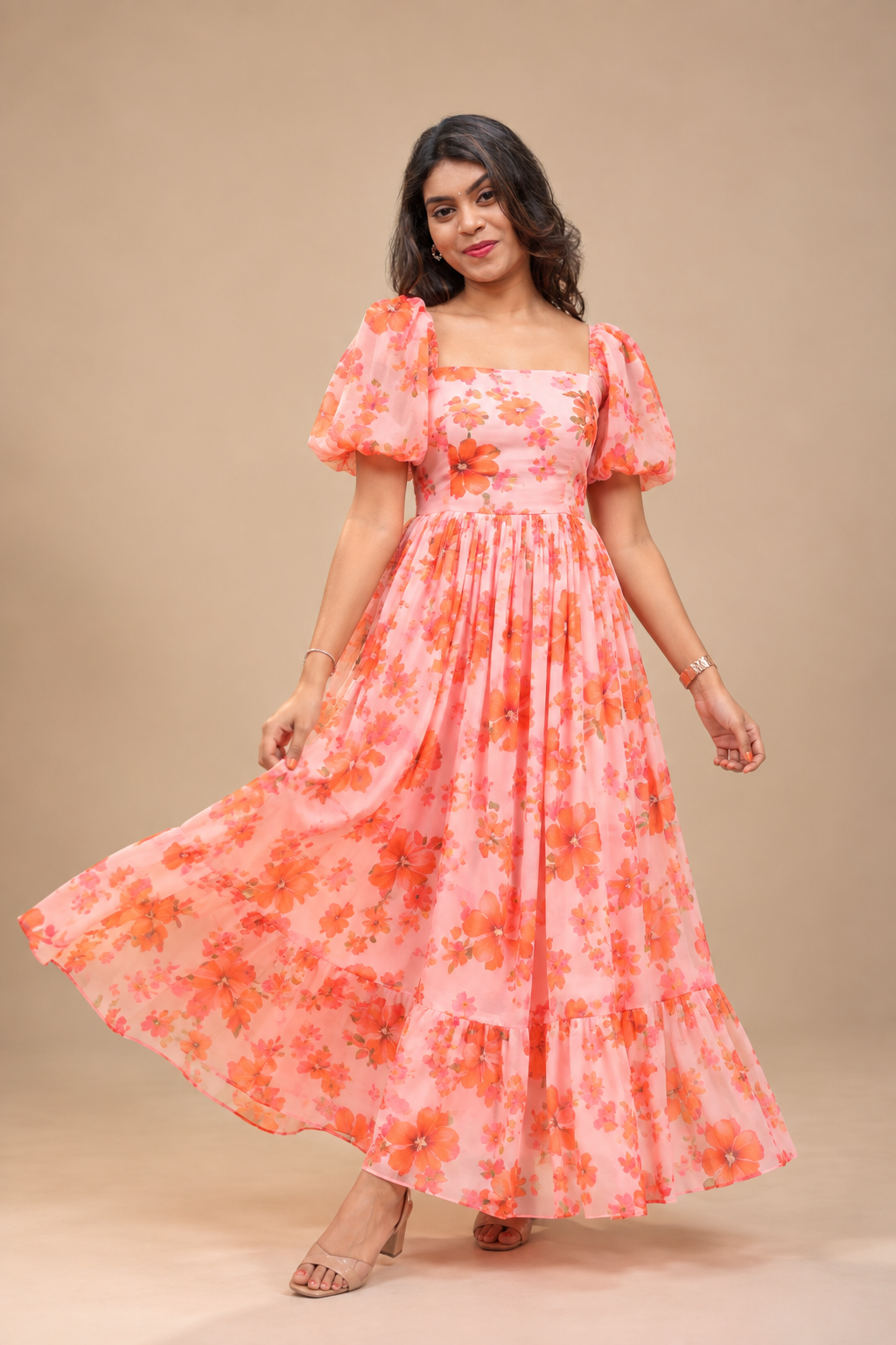 Floral Print Puff Sleeve Smocked Maxi Dress