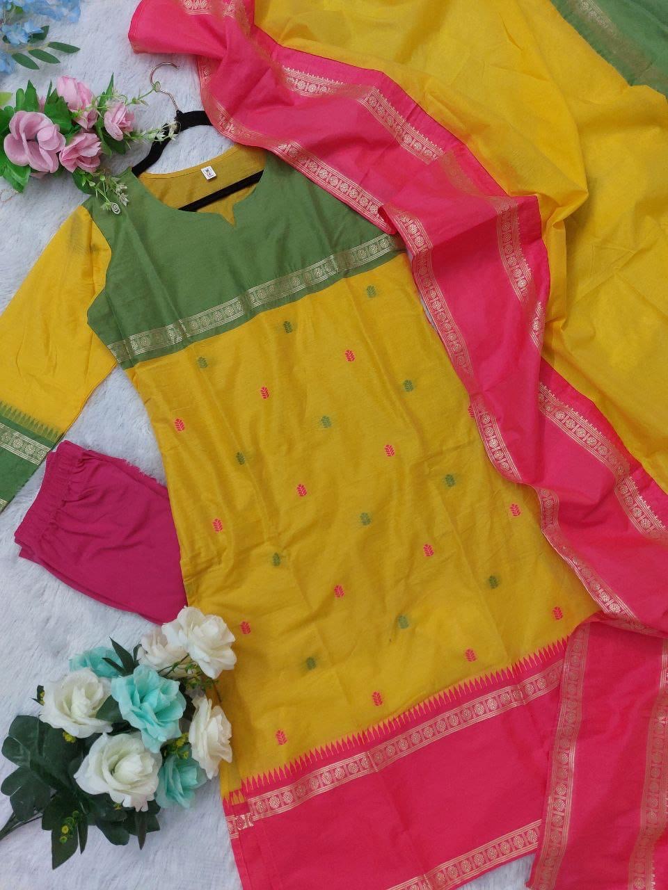 Varanika / Kasturi Premium Kanchi Cotton Suit Set with Jacquard Dupatta