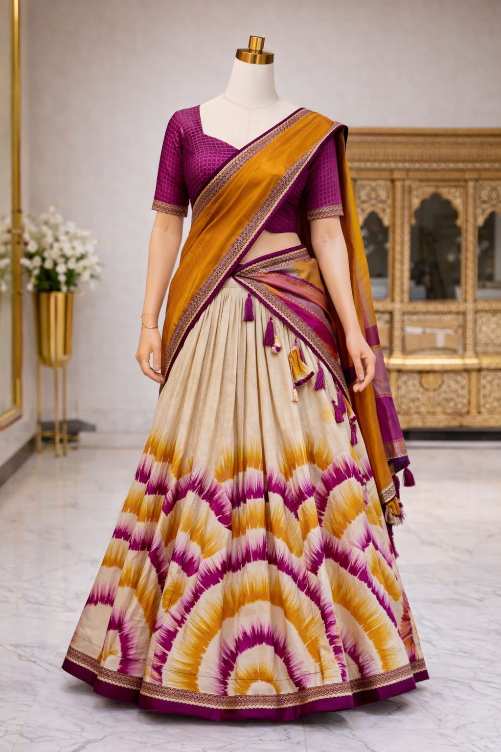 🌷 Lehenga Choli Collection 🌷

A stunning Tasar Silk masterpiece dipped in artistic tie-dye prints, designed for those who love elegance with a unique touch 🌺✨
Perfect for festive occasions, functions, and special celebrations 💖