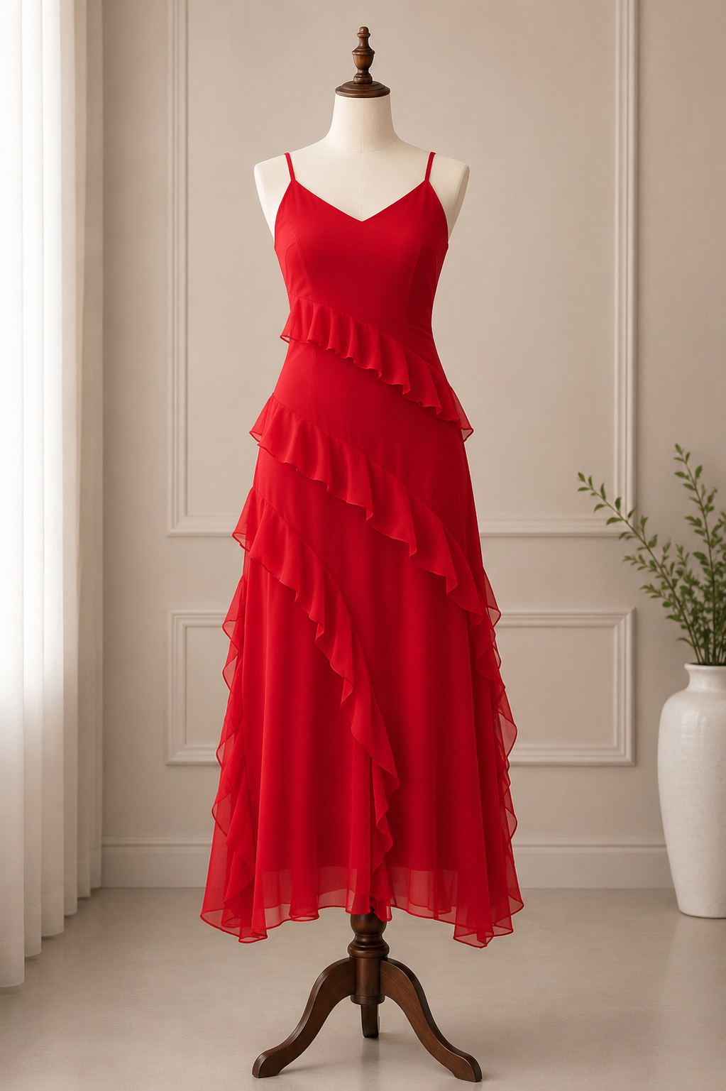 Elegant Ruffled Chiffon A-Line Midi Dress💕