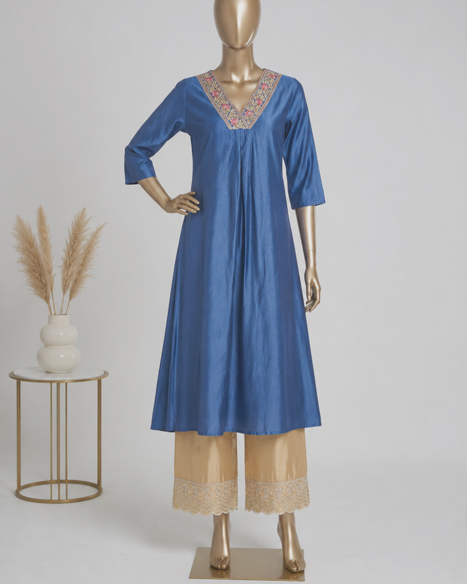 Blue Embroidered V-Neck Anarkali Kurta