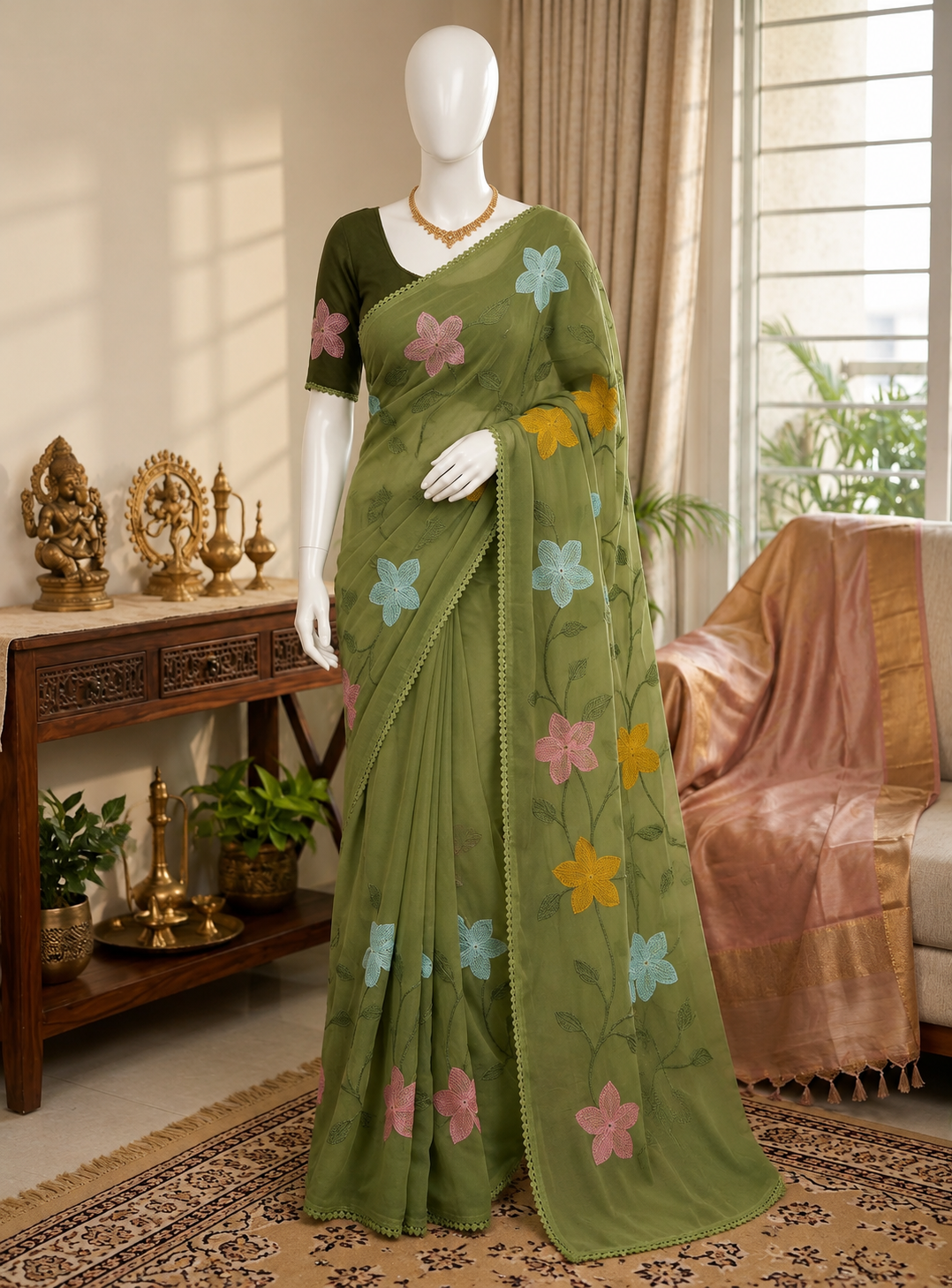 Embroidered Star Georgette Saree with Designer Embroidery Blouse