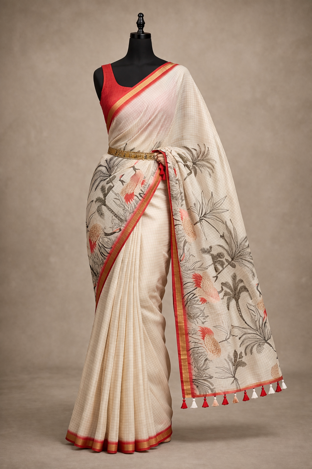 SWAN CHEX – Premium Linen Chex Saree with Floral Swan Digital Print & Zari Border