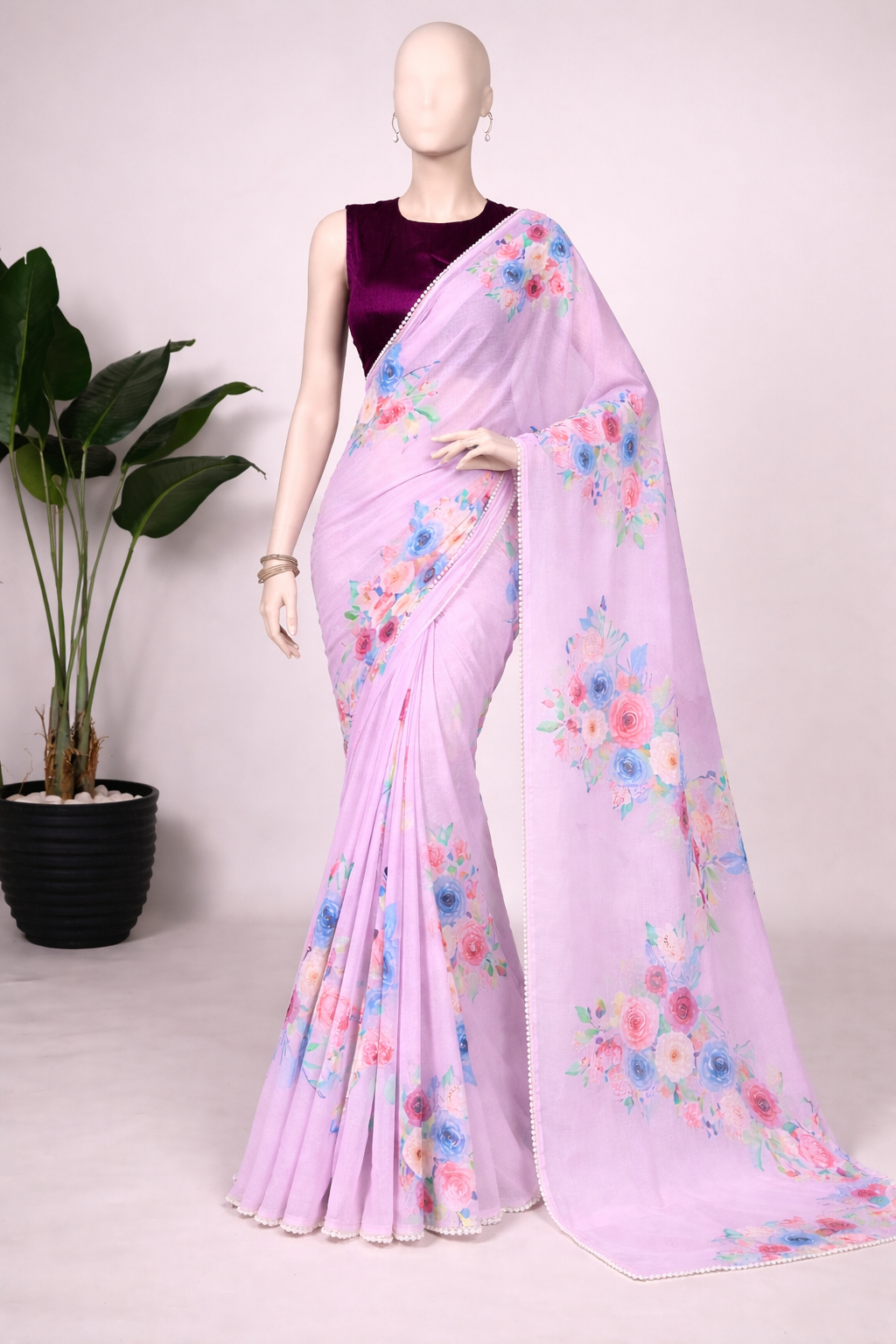 NIRA Floral Weightless Saree with Pearl Border | Lightweight Designer Saree