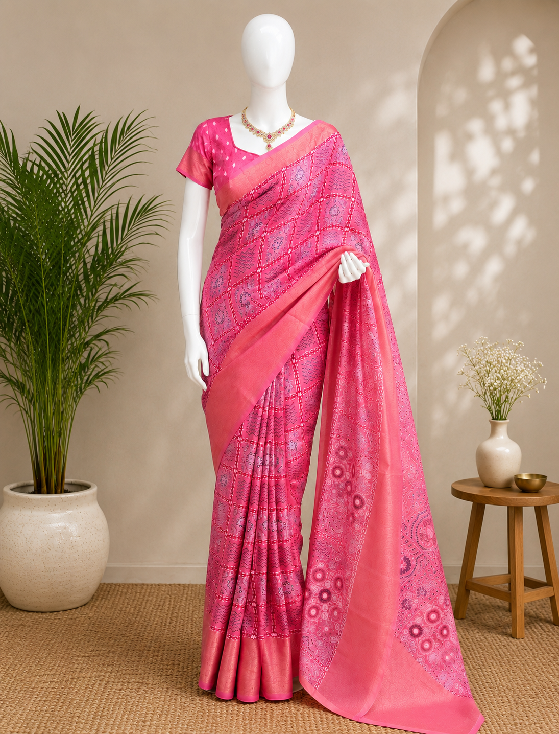 Designer Kitkat Ajrakh Printed Cotton Saree with Zari Border
