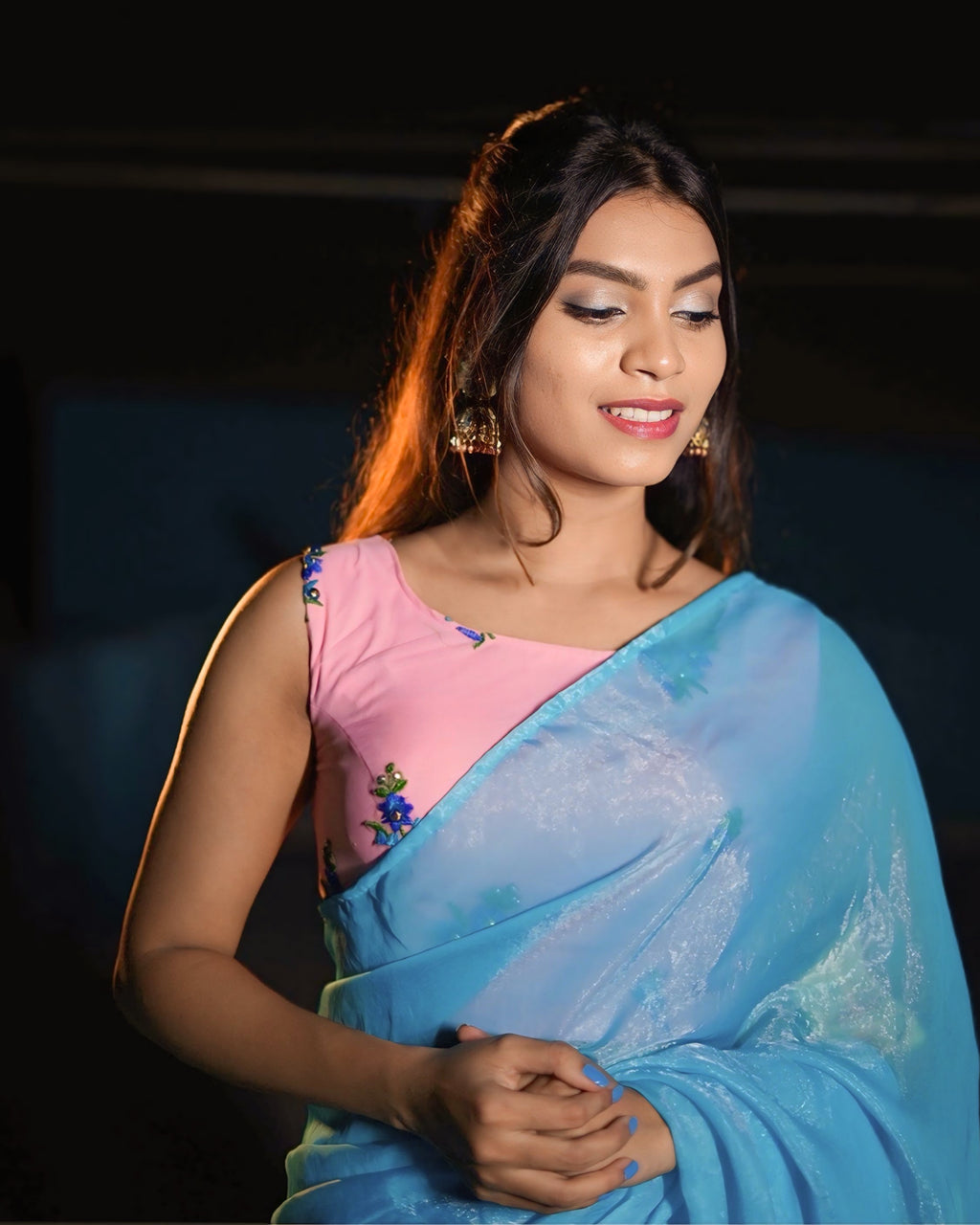 Sky Blue Soft Organza Saree with Net Embroidered Blouse