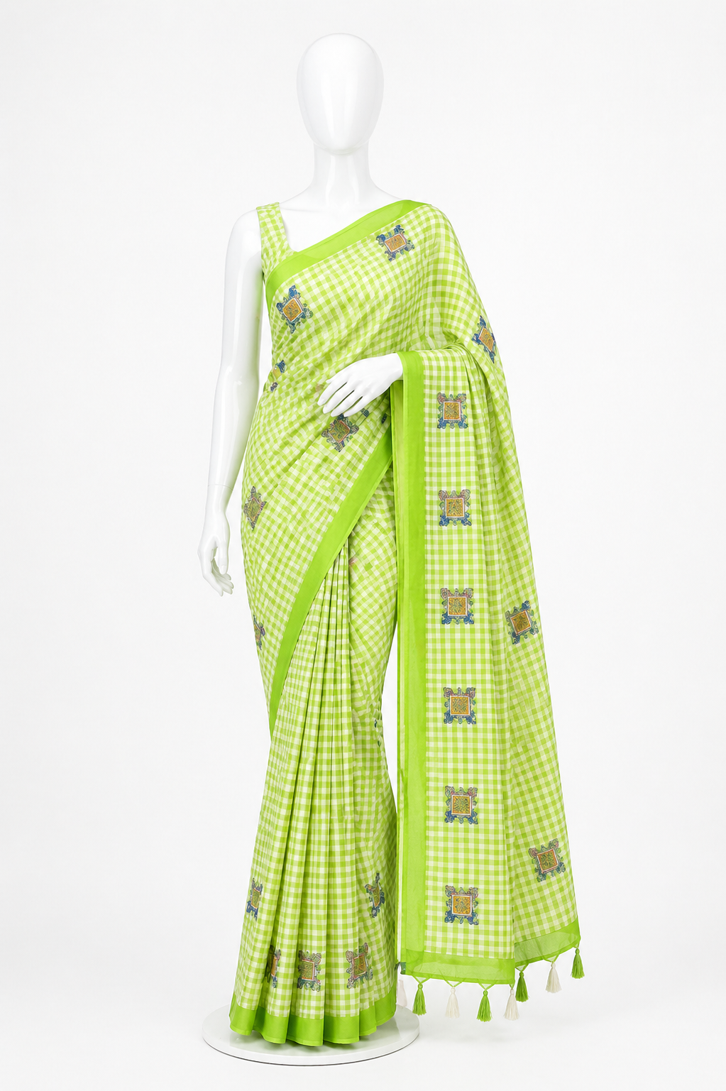 Soft Linen Cotton Saree with Chex Print & Kalamkari Design