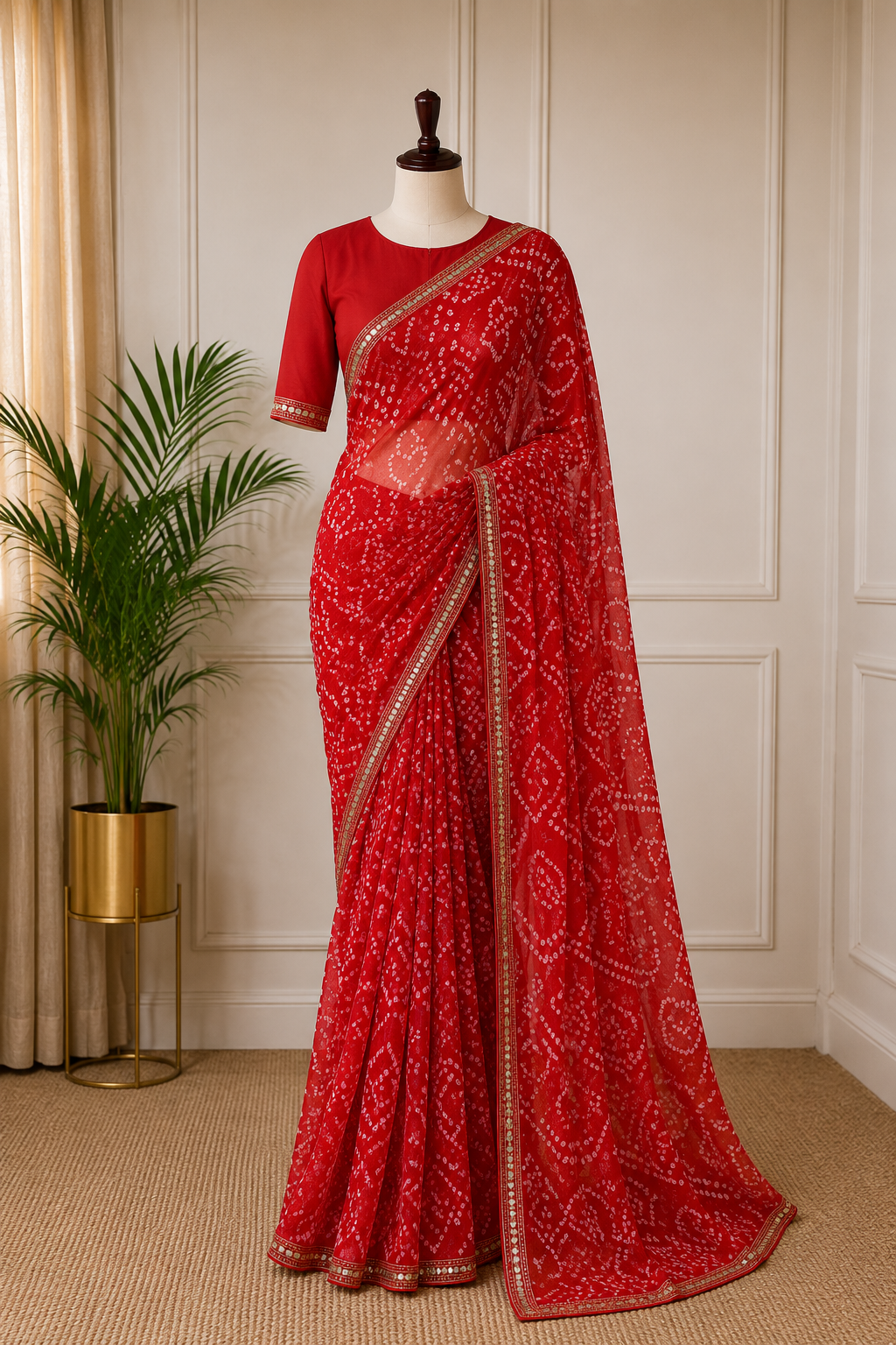 Bandhani Printed Chiffon Saree with Lace Border