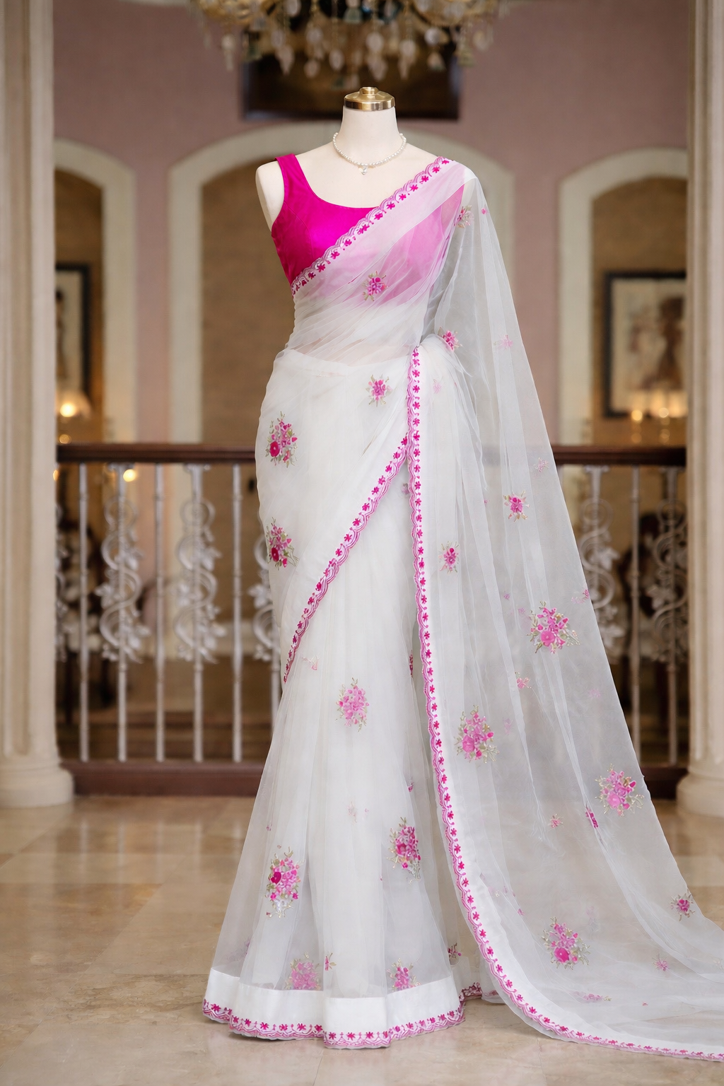 Premium Star Georgette Saree with Multi Floral Butti Embroidery & Scallop Border
