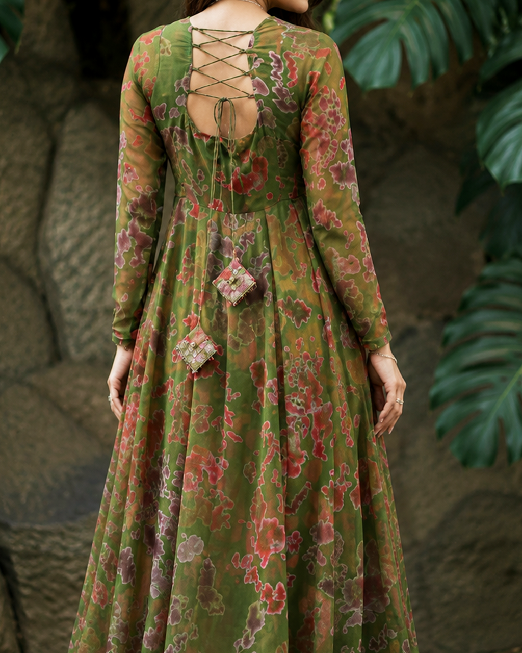 🌸 Green & Pink Floral Georgette Anarkali Dress for Women