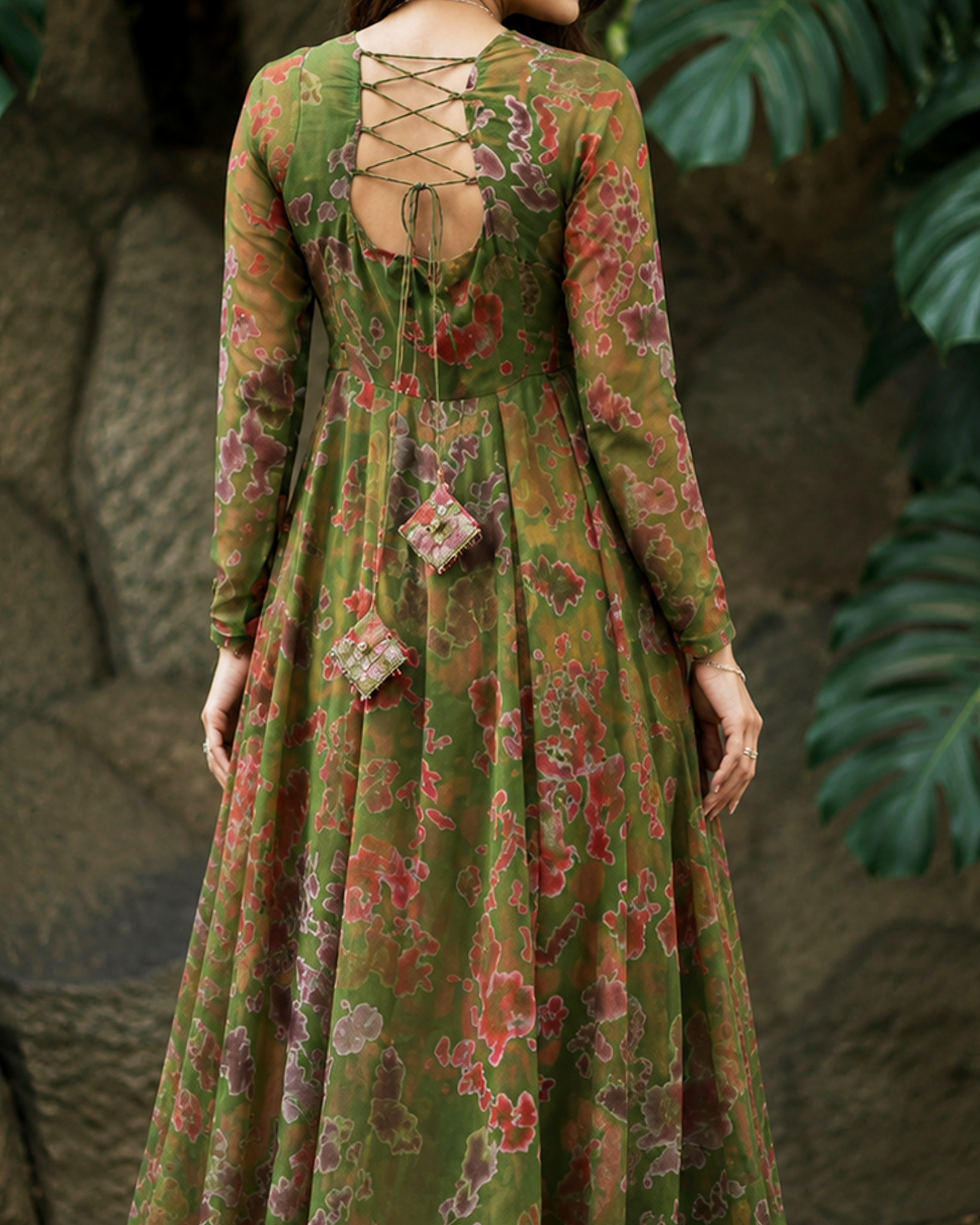 🌸 Green & Pink Floral Georgette Anarkali Dress for Women