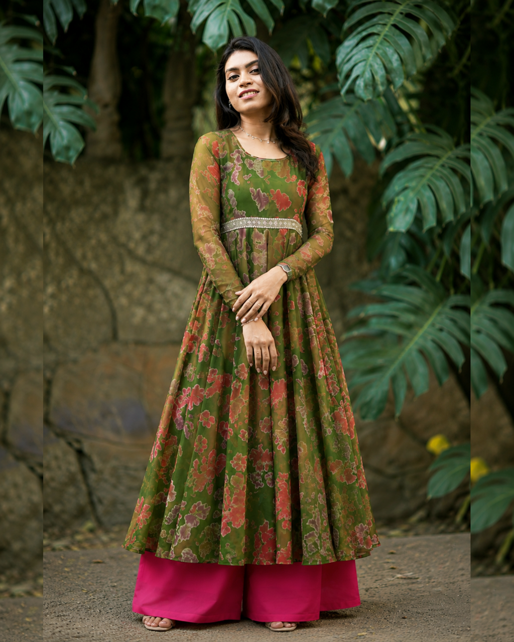 🌸 Green & Pink Floral Georgette Anarkali Dress for Women
