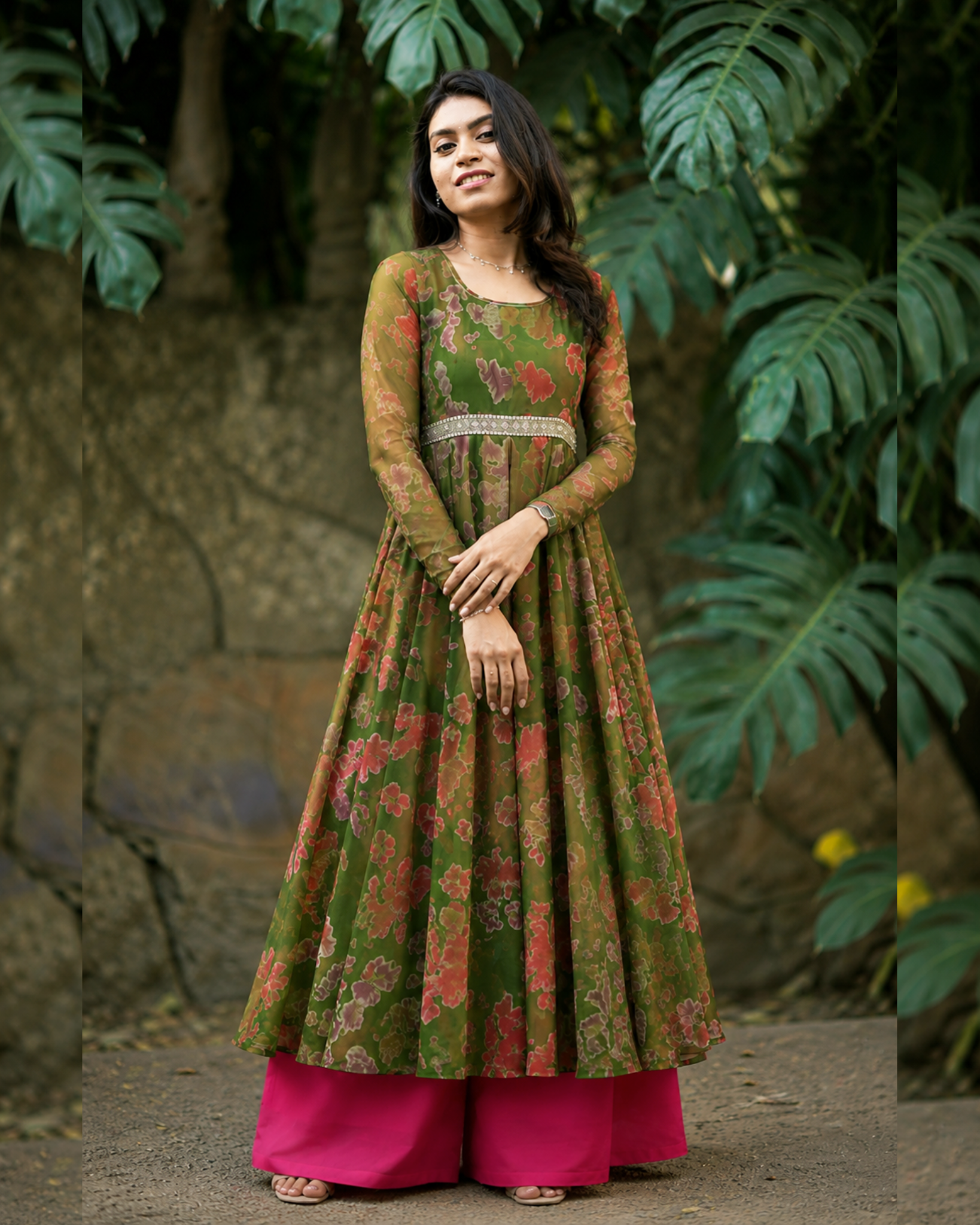 🌸 Green & Pink Floral Georgette Anarkali Dress for Women