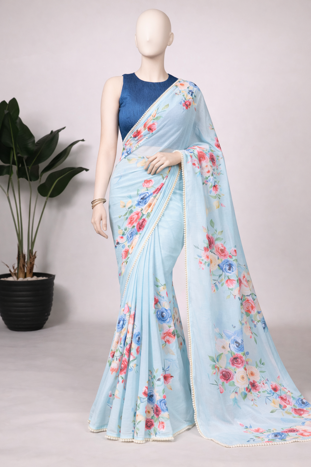 NIRA Floral Weightless Saree with Pearl Border | Lightweight Designer Saree