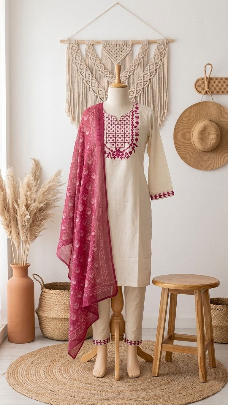 ✨ Elegant 3 Pc Cotton Suit Set | Embroidered Kurta with Chanderi Dupatta | Summer Collection 🌸