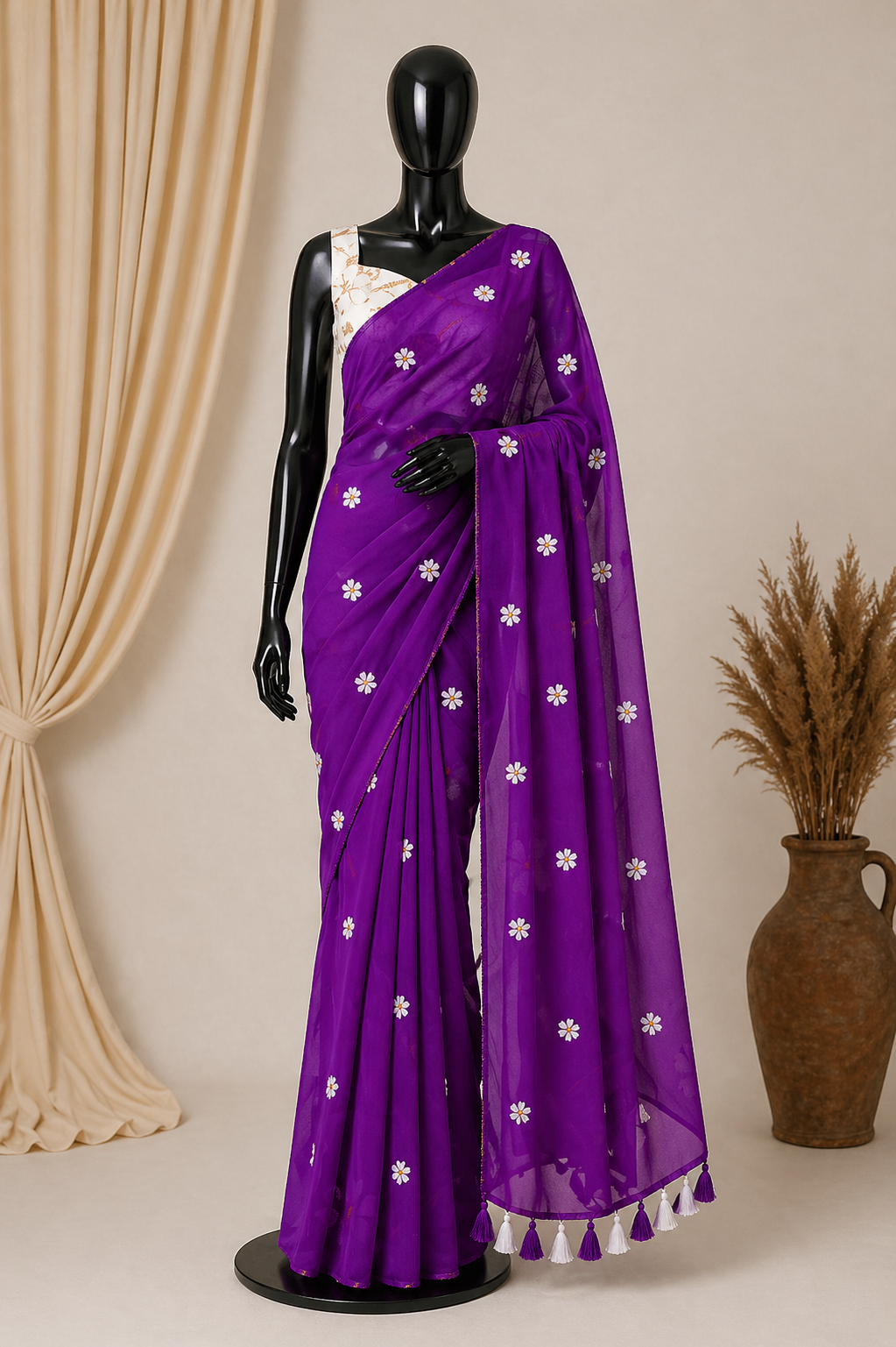 Elegant Georgette Saree with Intricate Embroidery & Fumka Pallu