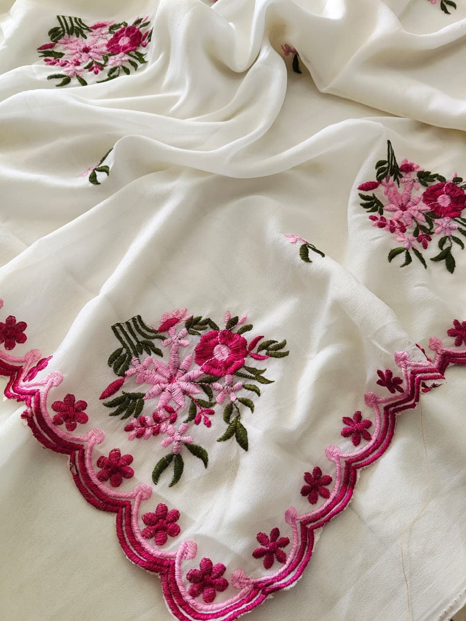Premium Star Georgette Saree with Multi Floral Butti Embroidery & Scallop Border
