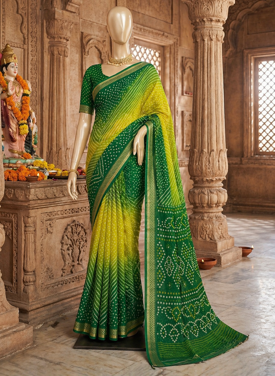 Beautiful Soft Self Silk Saree with Zari Border & Bandhani Print