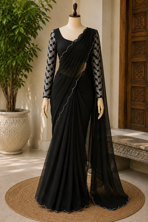 Elegant Georgette Saree with Lace Border & Embroidered Blouse🩵