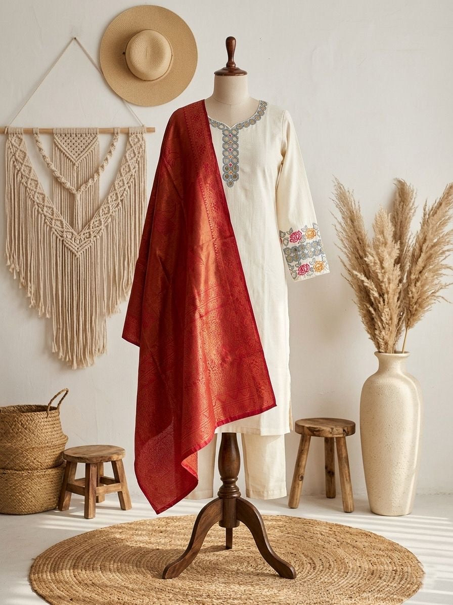 ✨ Elegant 3 Pc Cotton Suit Set | Embroidered Kurta with Chanderi Dupatta | Summer Collection 🌸