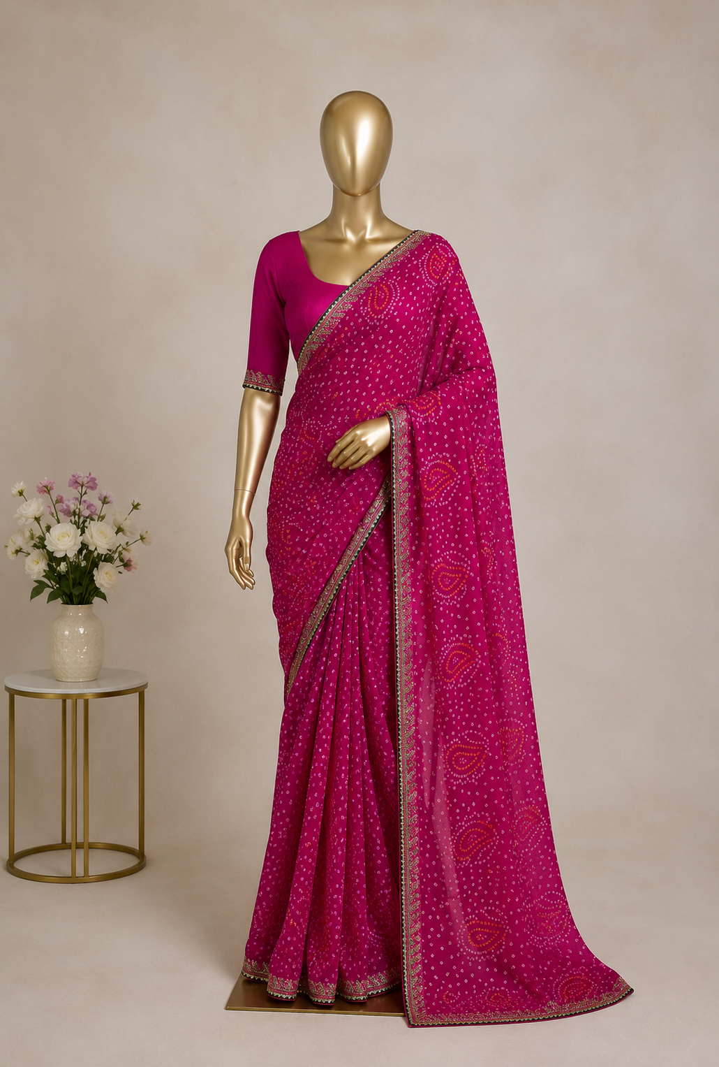 Pink Bandhani Pure Georgette Saree with Embroidered Border