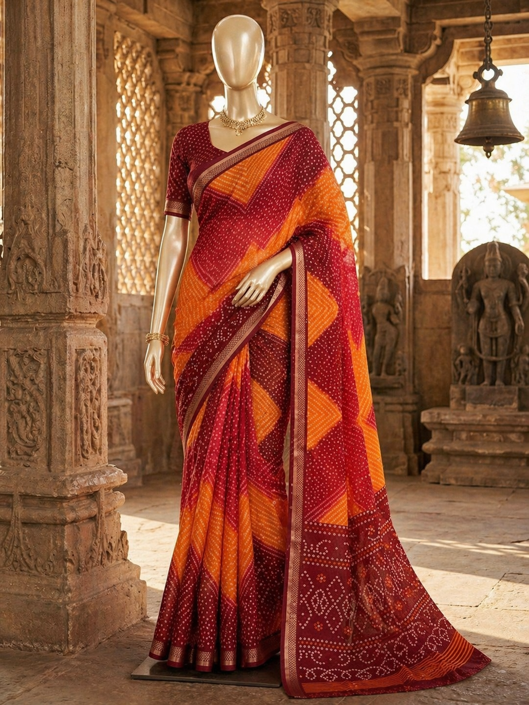 Beautiful Soft Self Silk Saree with Zari Border & Bandhani Print