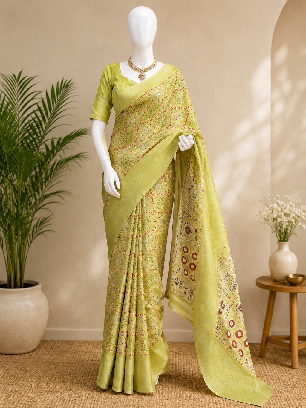 Designer Kitkat Ajrakh Printed Cotton Saree with Zari Border