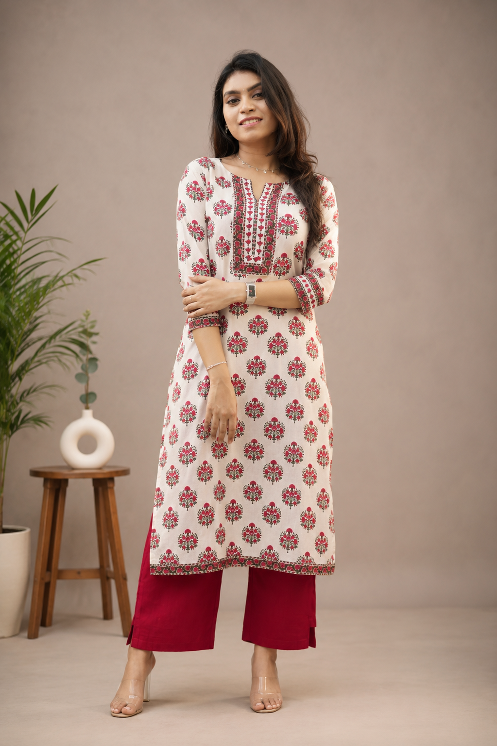 Women’s Cream Ethnic Block Print Pure Cotton Straight Kurta with Palazzo Set