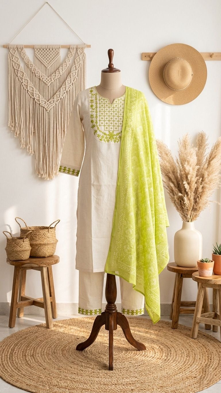 ✨ Elegant 3 Pc Cotton Suit Set | Embroidered Kurta with Chanderi Dupatta | Summer Collection 🌸