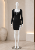 Black Solid Bodycon Mini Dress with Bow Detail