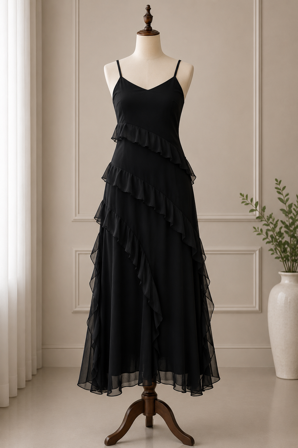 Elegant Ruffled Chiffon A-Line Midi Dress💕