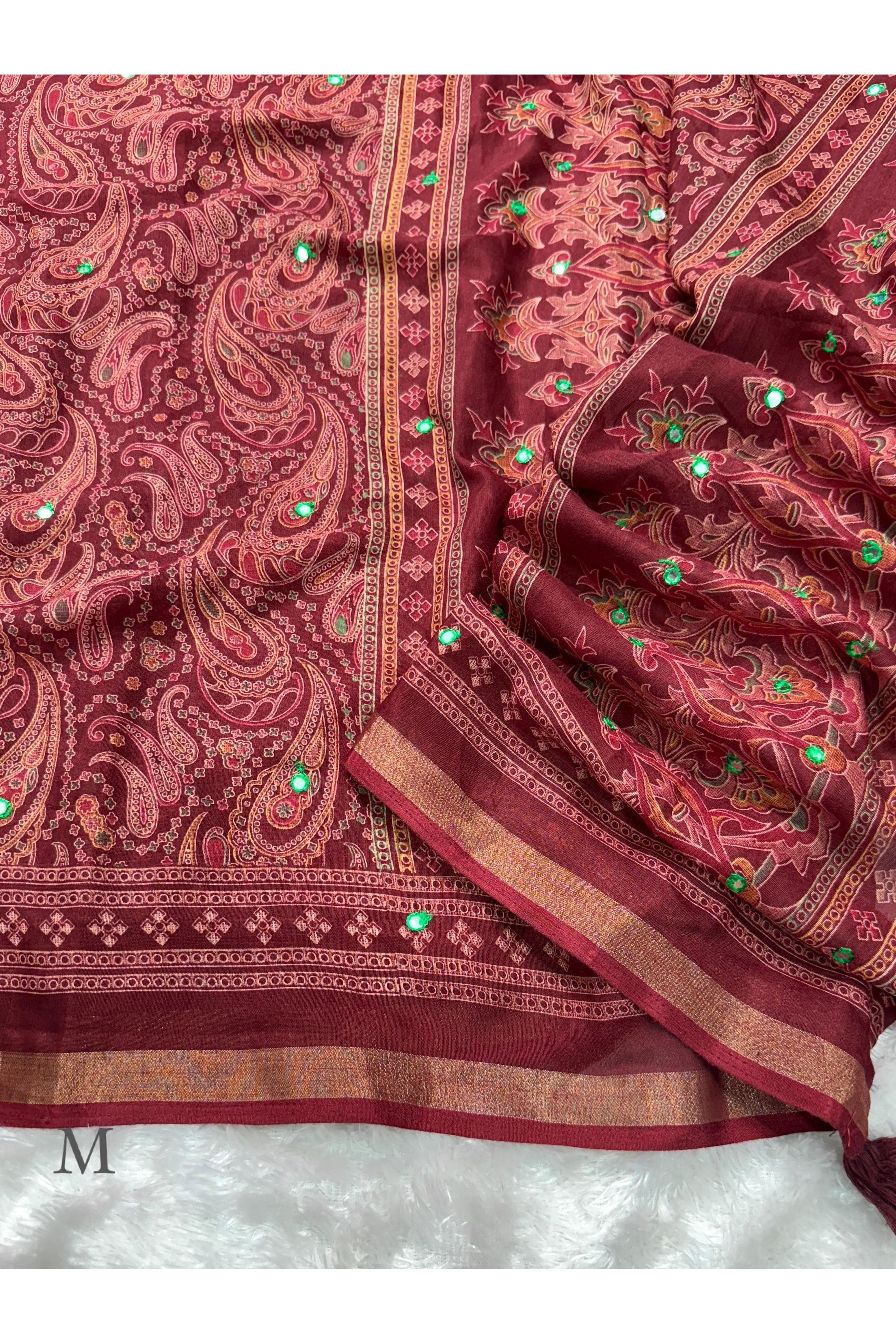 Designer Kalamkari Ajrakh Mul Cotton Saree with Mirror Work