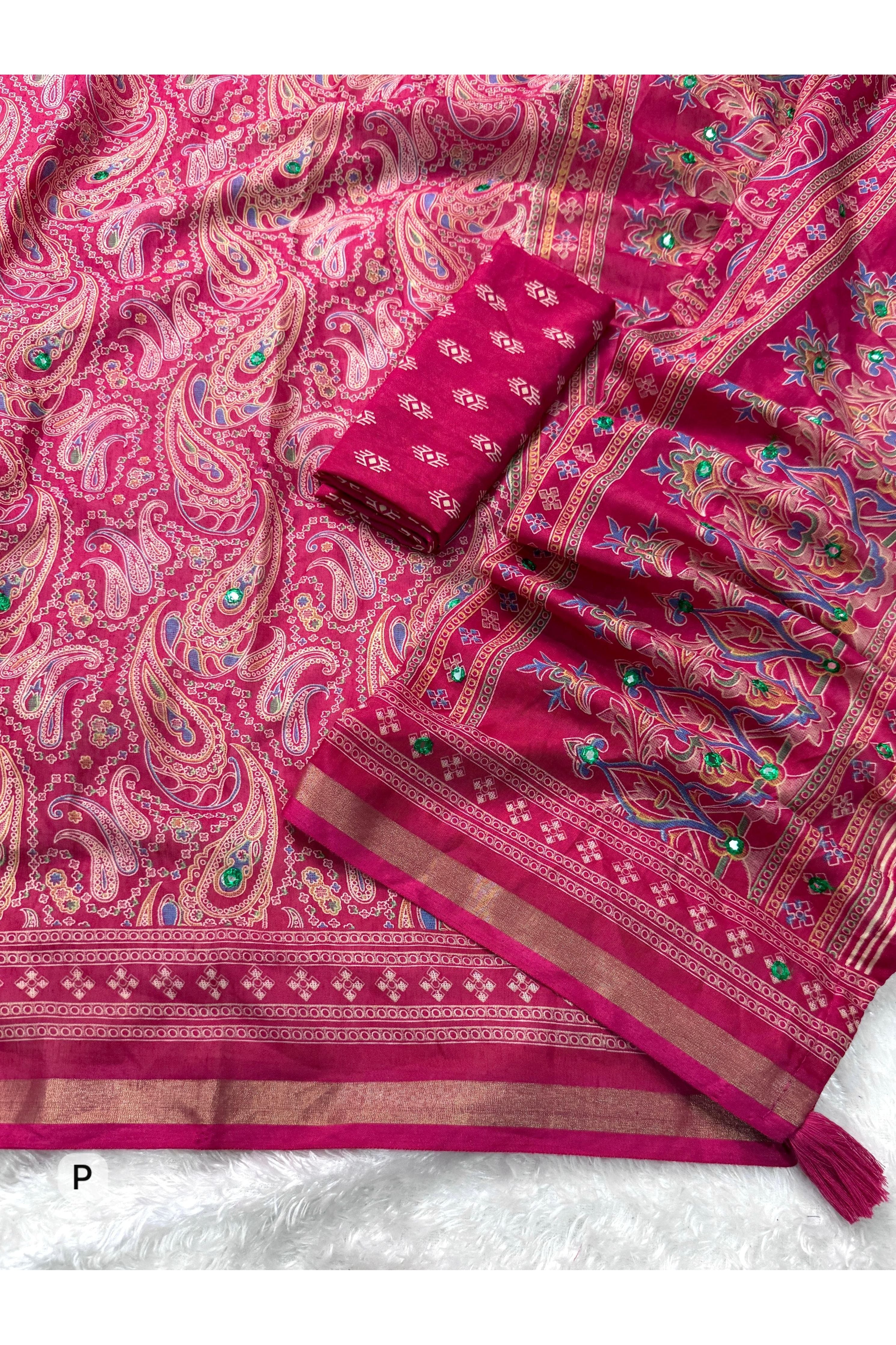 Designer Kalamkari Ajrakh Mul Cotton Saree with Mirror Work