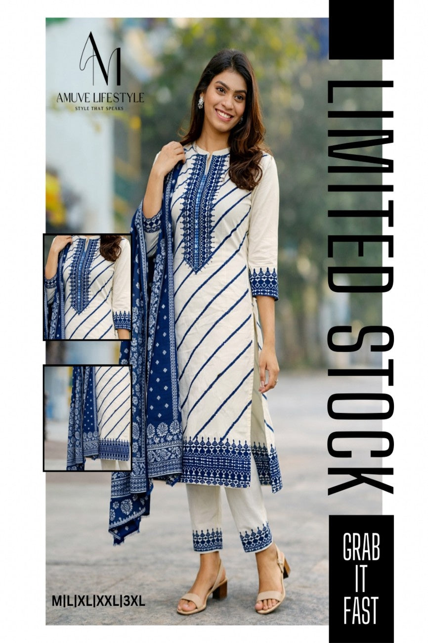 Elegant Blue Printed Kurti Set with Dupatta