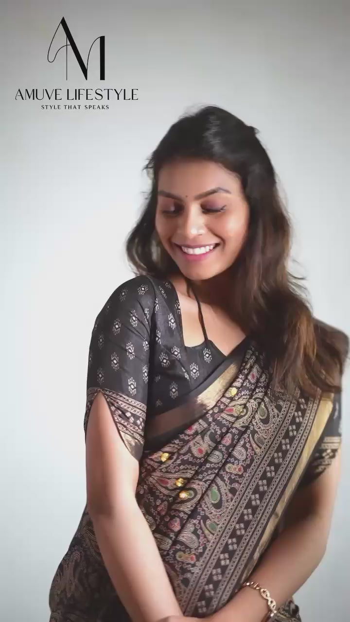 Designer Kalamkari Ajrakh Mul Cotton Saree with Mirror Work